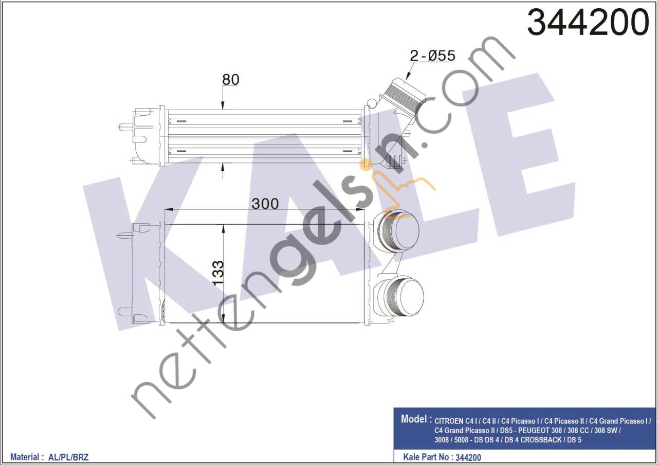 KALE 344200 TURBO SOGUTUCU RADYATOR (INTERCOLL) P308 P3008 P5008 C4 C4 PICASSO DS5 C4 II DS4 EP6DT / EP6CDT (1,6THP 16V) OLCU: (300×147×76)  PEUGEOT-CITROEN BİNEK TURBO RADYATÖRÜ