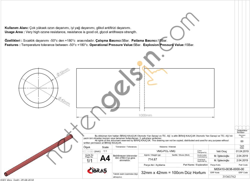 IBRAS 65762 3 KAT POLYESTERLI SILIKON 32mm DUZ HORTUM 1 MT  GENEL BİNEK RULO HORTUM