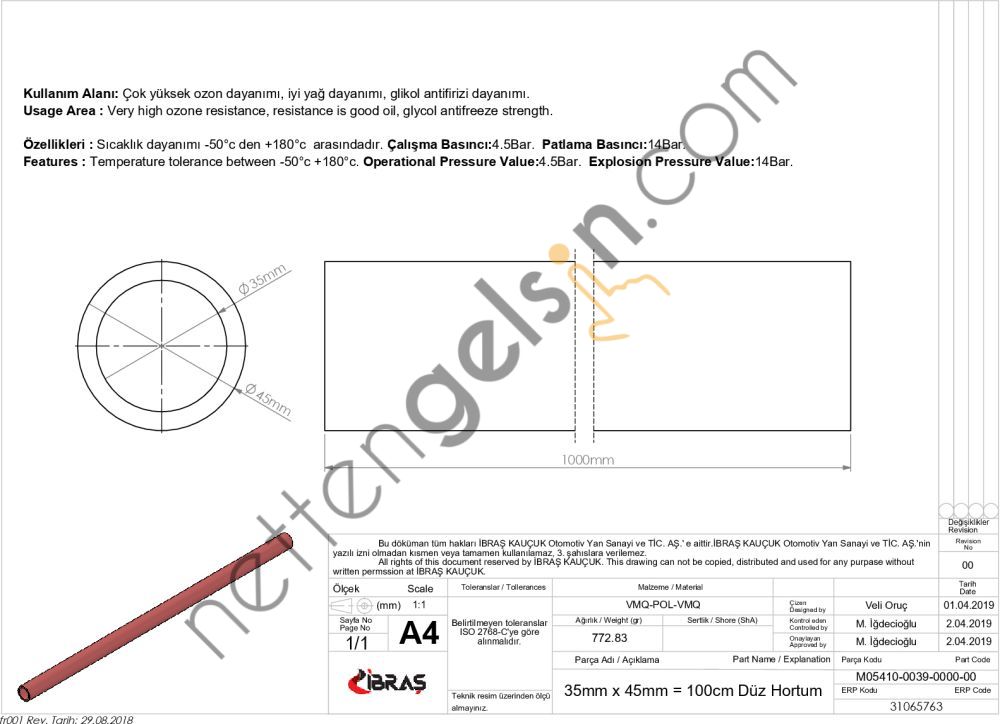 IBRAS 65763 3 KAT POLYESTERLI SILIKON 35mm DUZ HORTUM 1 MT  GENEL BİNEK RULO HORTUM