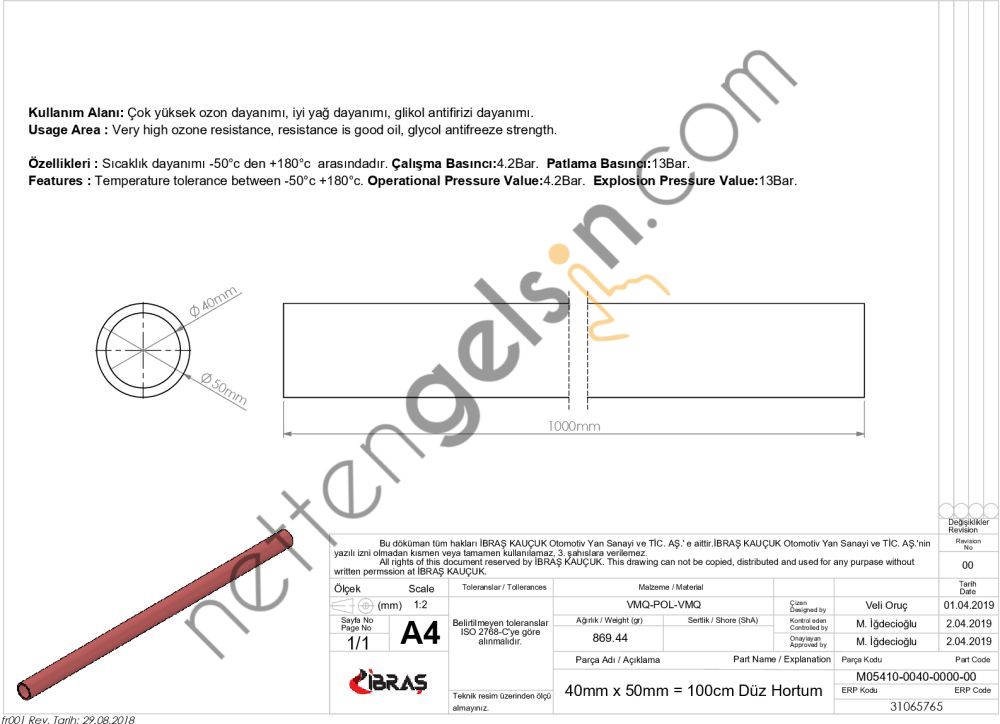 IBRAS 65765 3 KAT POLYESTERLI SILIKON 40mm DUZ HORTUM 1 MT  GENEL BİNEK RULO HORTUM