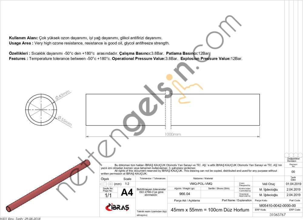 IBRAS 65767 3 KAT POLYESTERLI SILIKON 45mm DUZ HORTUM 1 MT  GENEL BİNEK RULO HORTUM