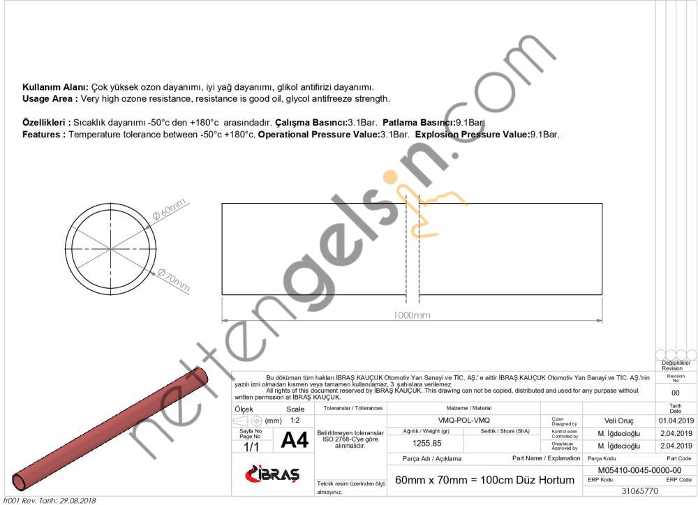 IBRAS 65770 DUZ HORTUM 60mm KIRMIZI SILIKON 3 KAT POLYESYERLI  GENEL BİNEK RULO HORTUM