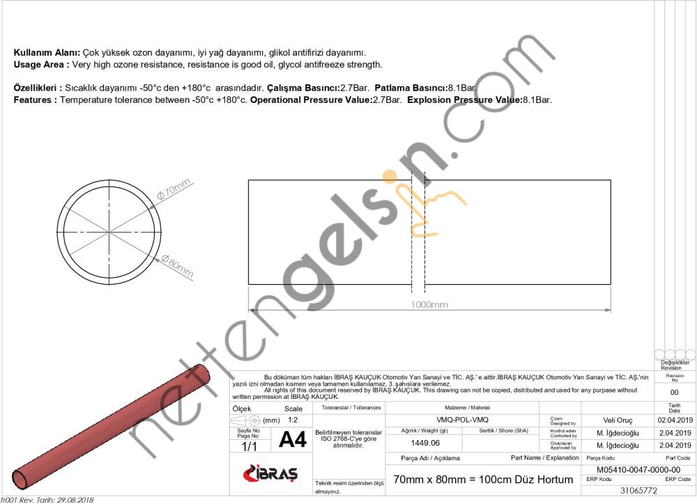 IBRAS 65772 DUZ HORTUM 70mm KIRMIZI SILIKON 4 KAT POLYESYERLI  GENEL BİNEK RULO HORTUM