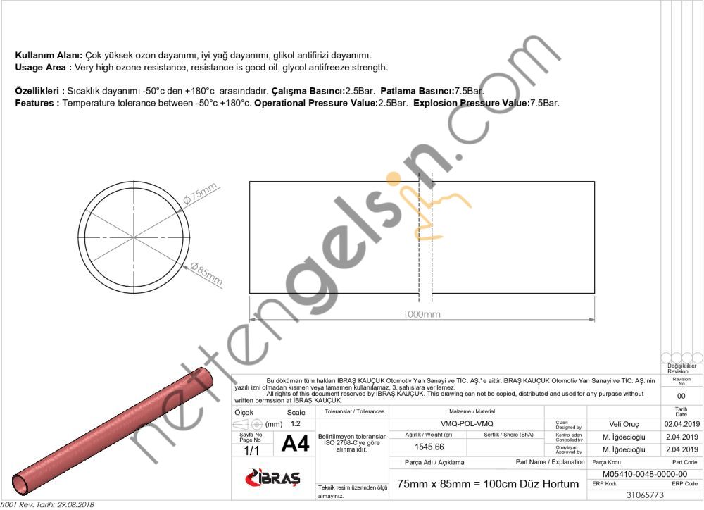IBRAS 65773 DUZ HORTUM 75mm KIRMIZI SILIKON 4 KAT POLYESYERLI  GENEL BİNEK RULO HORTUM