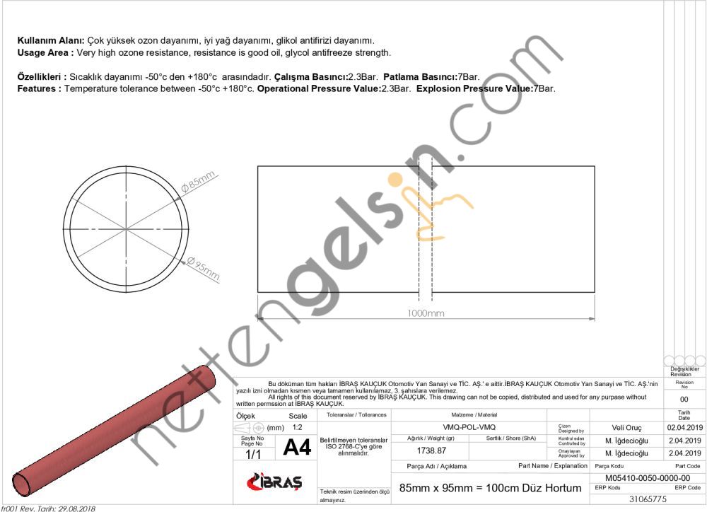 IBRAS 65775 4 KAT POLYESTERLI SILIKON 85mm DUZ HORTUM 1 MT  GENEL BİNEK RULO HORTUM
