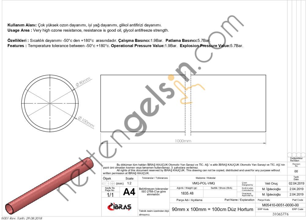 IBRAS 65776 DUZ HORTUM 90mm KIRMIZI SILIKON 4 KAT POLYESYERLI  GENEL BİNEK RULO HORTUM