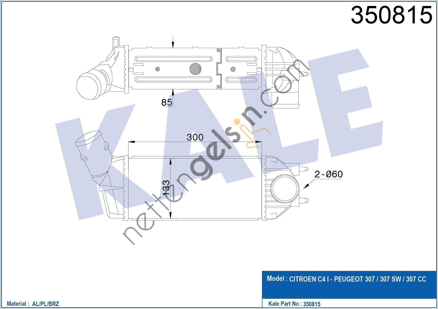 KALE 350815 TURBO INTERCOOLER RADYATORU P307 C4 1,6 HDI 2,0HDI 16V OLCU: (133,4×300×85)  PEUGEOT-CITROEN BİNEK TURBO RADYATÖRÜ