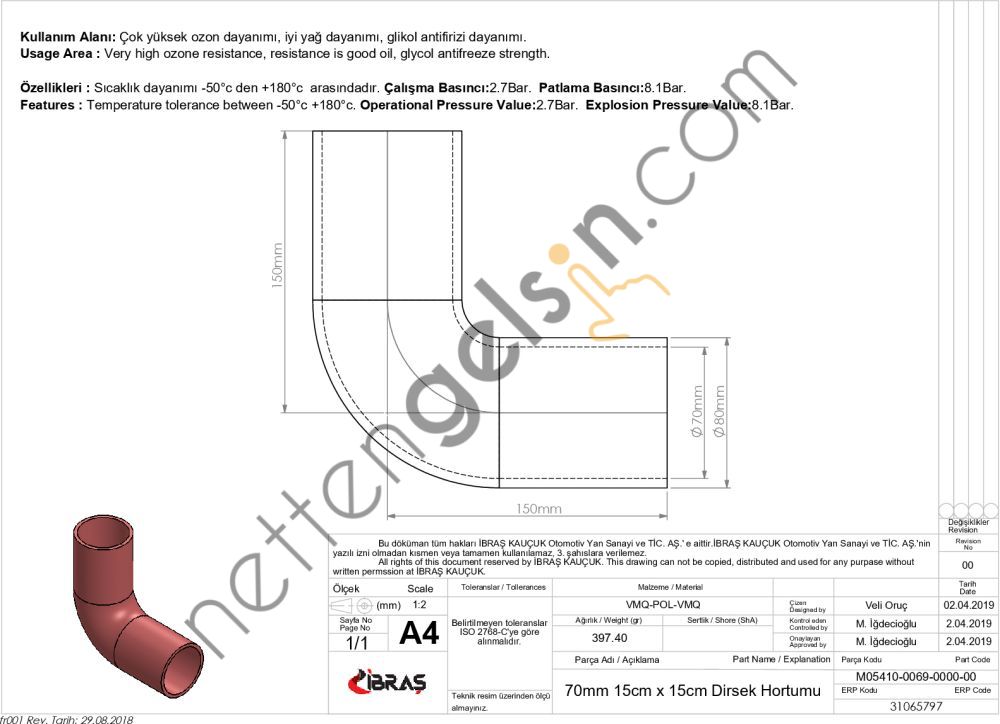 IBRAS 65797 4 KAT POLYESTERLI SILIKON Q 70mm 15cm x 15cm DIRSEK HORTUMU  GENEL BİNEK RULO HORTUM
