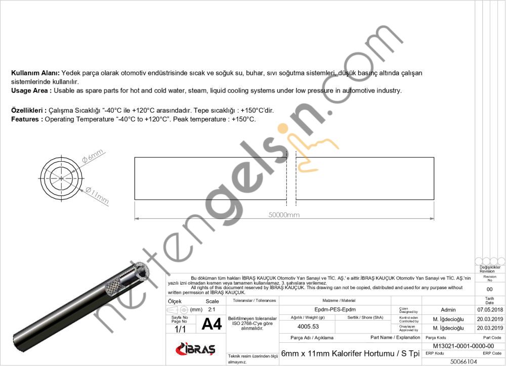 IBRAS 66104 6mm x 11mm UNIVERSAL KALORIFER HORTUMU S TIPI  GENEL BİNEK RULO HORTUM
