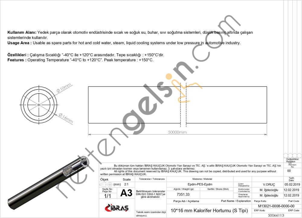 IBRAS 66113 KALORIFER HORTUMU 10mm x 17mm (1 MT) 65501 25 / 64 INC EPDM / EPDM  GENEL BİNEK RULO HORTUM