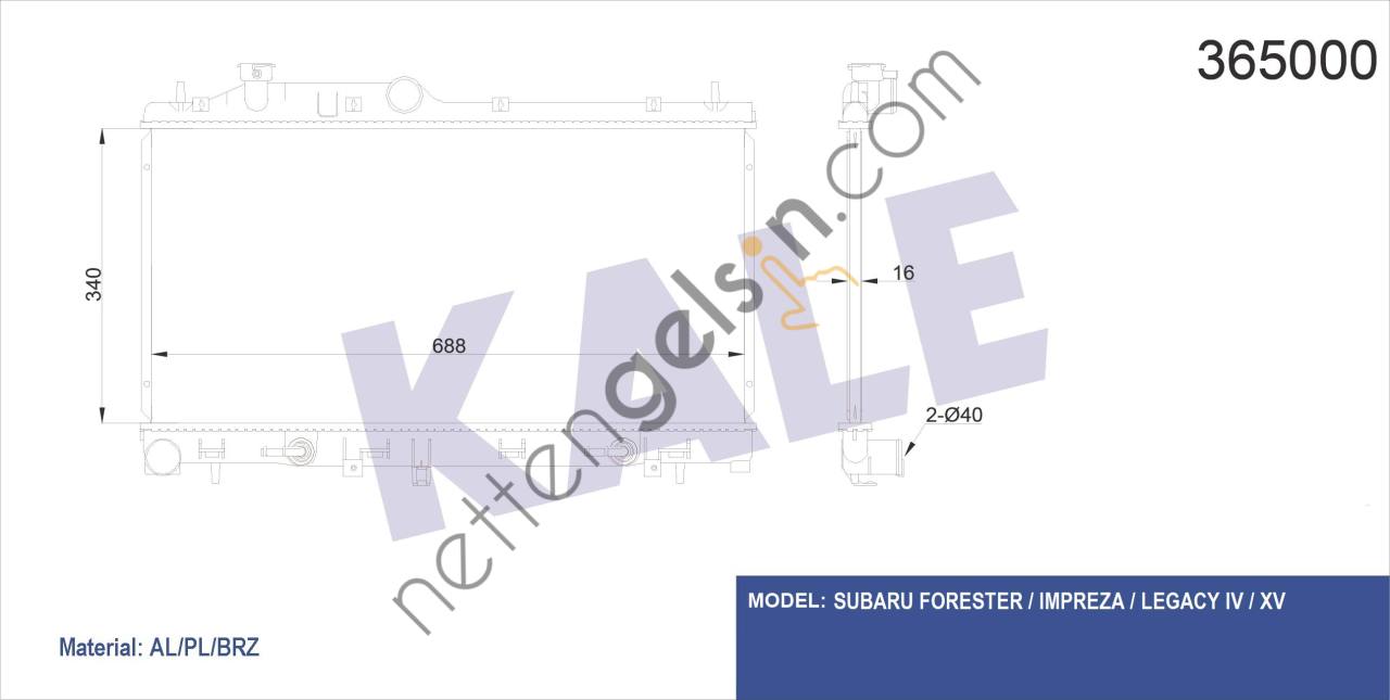 KALE 365000 MOTOR RADYATORU FORESTER-IMPREZA 340x688x26  SUBARU BİNEK MOTOR SU RADYATORU