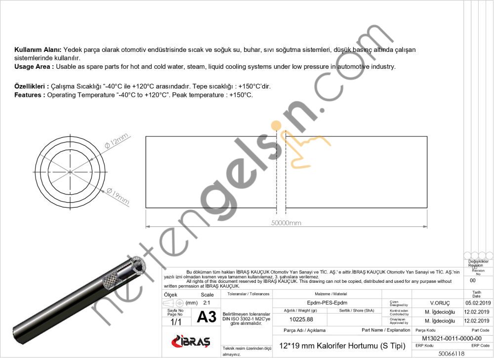 IBRAS 66118 12mm x 19mm UNIVERSAL KALORIFER HORTUMU S TIPI  GENEL BİNEK RULO HORTUM