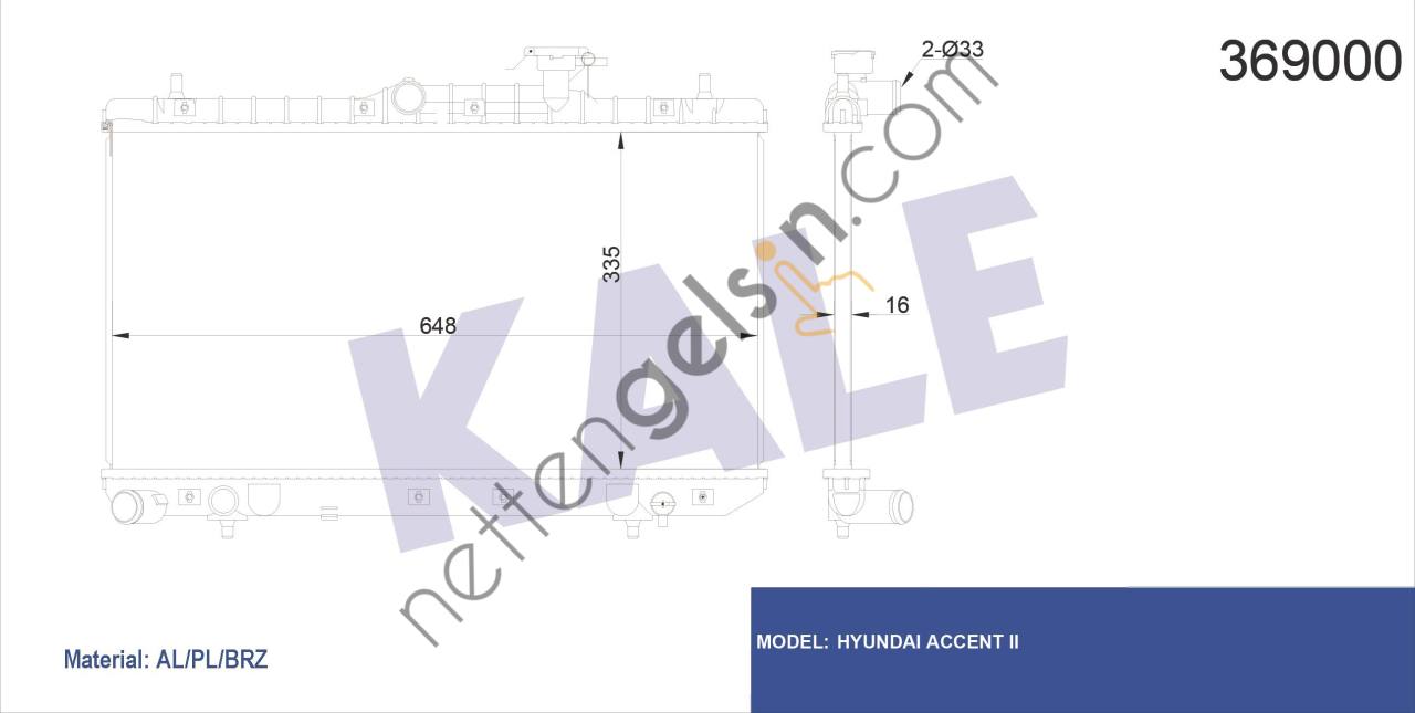 KALE 369000 MOTOR SU RADYATORU ACCENT ADMIRE 1,6 MANUEL VITES 2003 2006 335X638X16  HYUNDAI BİNEK MOTOR SU RADYATORU