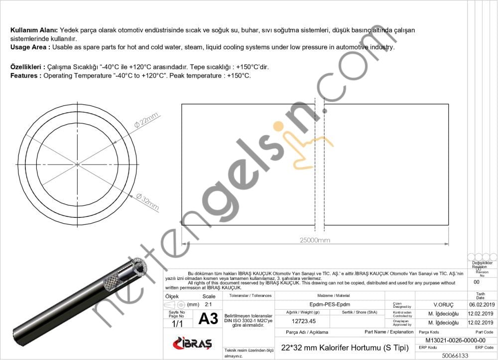 IBRAS 66133 KALORIFER HORTUMU 22mm x 32mm (1 MT) 65506 7 / 18 INC EPDM / EPDM  GENEL BİNEK KALORIFER SU HORTUMU