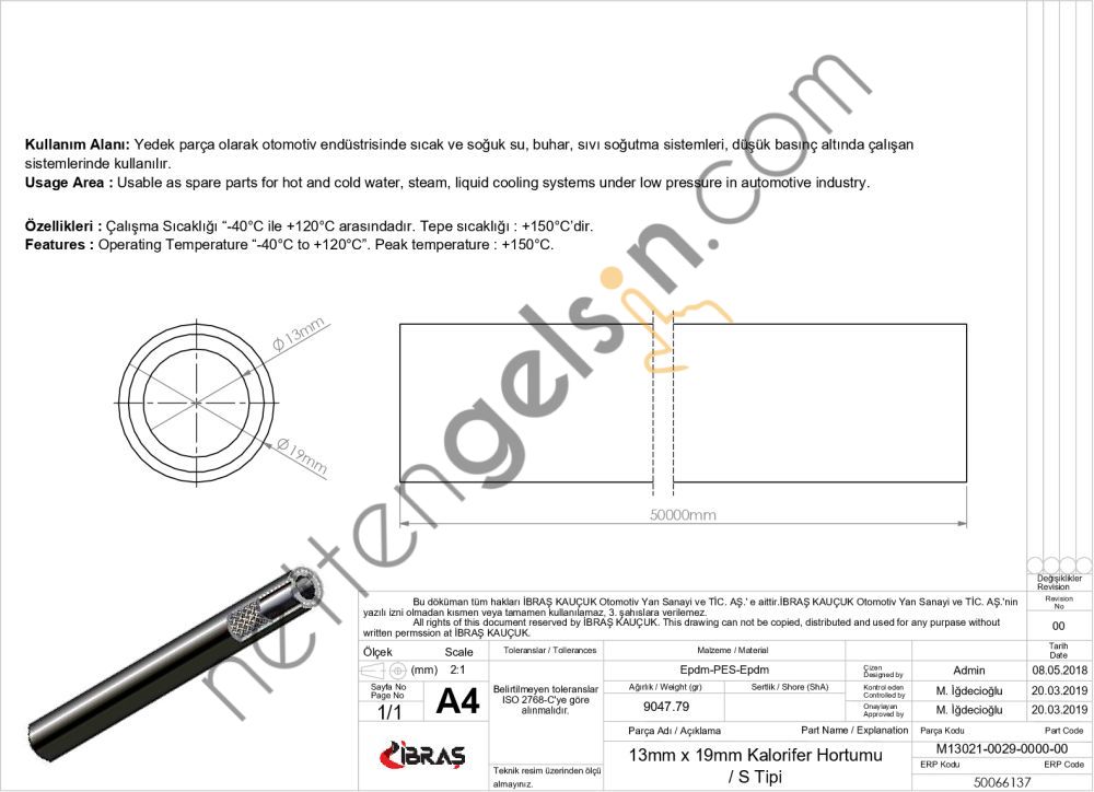 IBRAS 66137 13mm x 19mm UNIVERSAL KALORIFER HORTUMU S TIPI  GENEL BİNEK RULO HORTUM