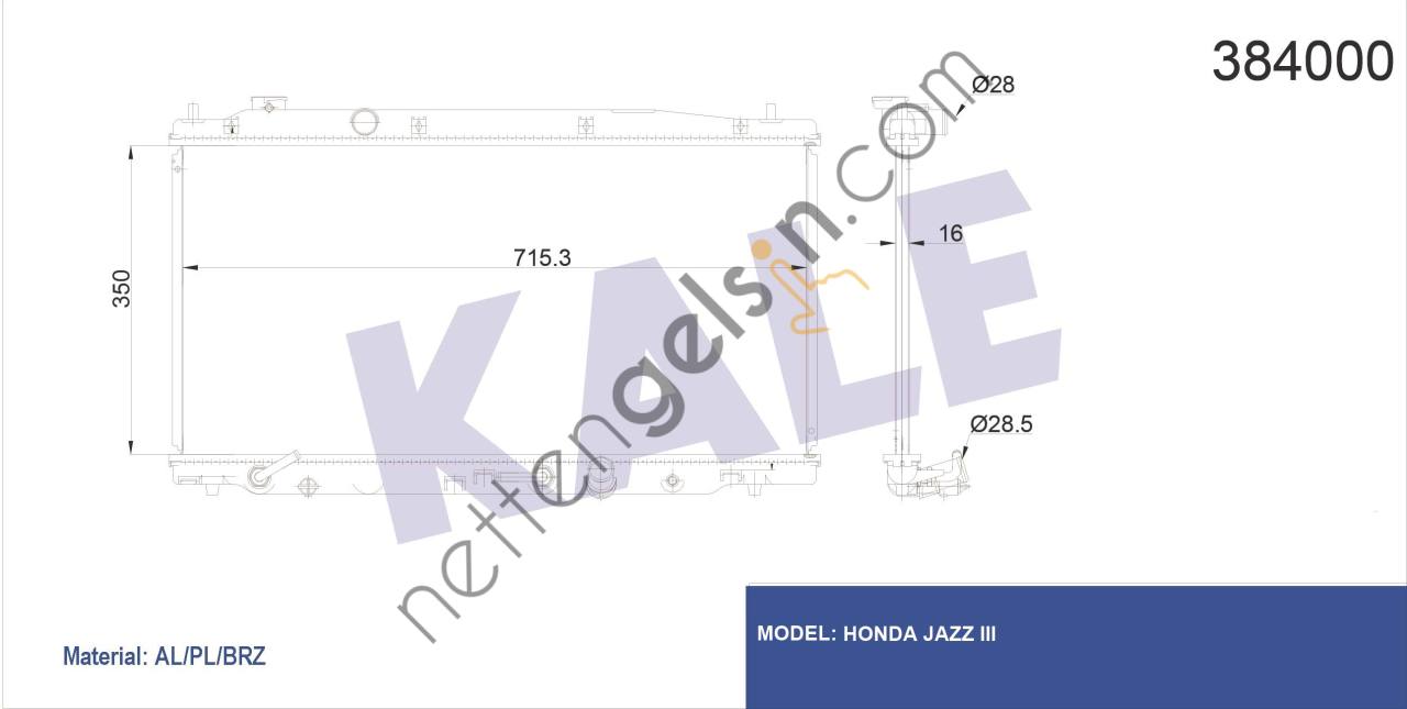 KALE 384000 MOTOR SU RADYATORU HONDA JAZZ 2008> OTOMATIK VITES (350X715X16)  HONDA BİNEK MOTOR SU RADYATORU