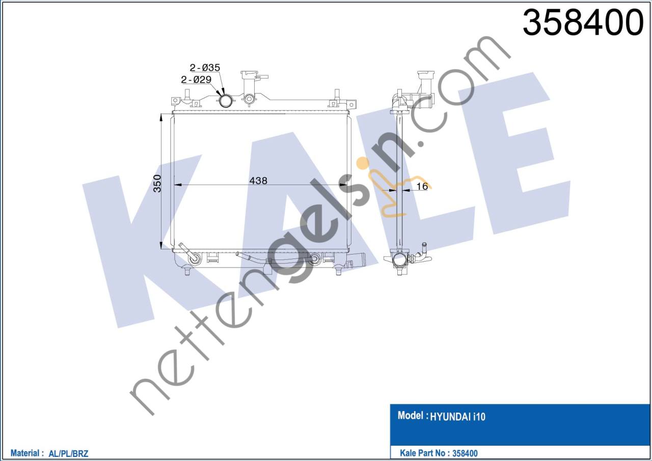 KALE 358400 MOTOR SU RADYATORU I10 1,1 1,2 2008> OTOMATIK (350X438X16)  HYUNDAI BİNEK MOTOR SU RADYATORU
