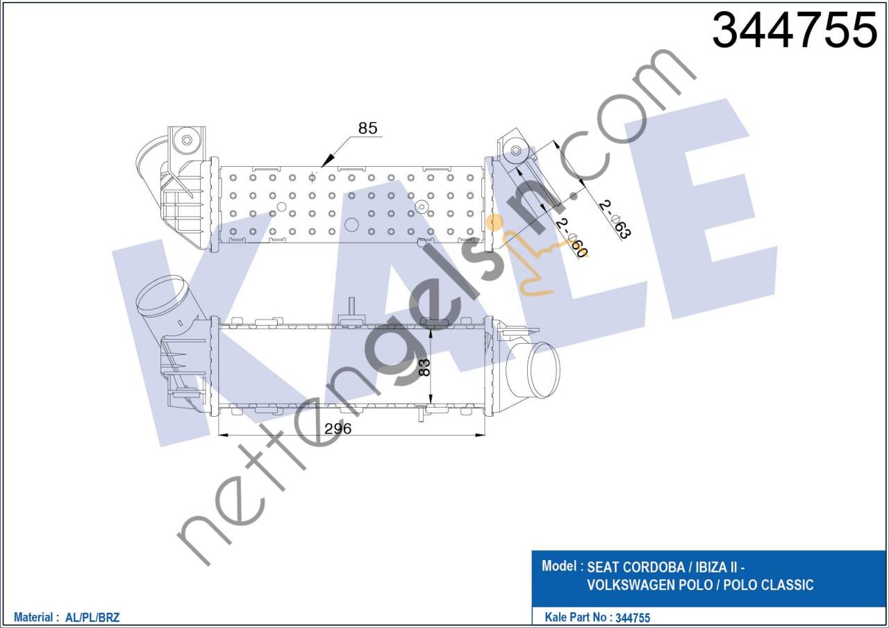 KALE 344755 TURBO RADYATORU CADDY II 1,9TDI 96>04 POLO / CLASSIC 1,9TDI 96>02 CORDOBA IBIZA III 1,9TDI 99>02  VW-AUDI-SEAT-SKODA BİNEK TURBO RADYATÖRÜ