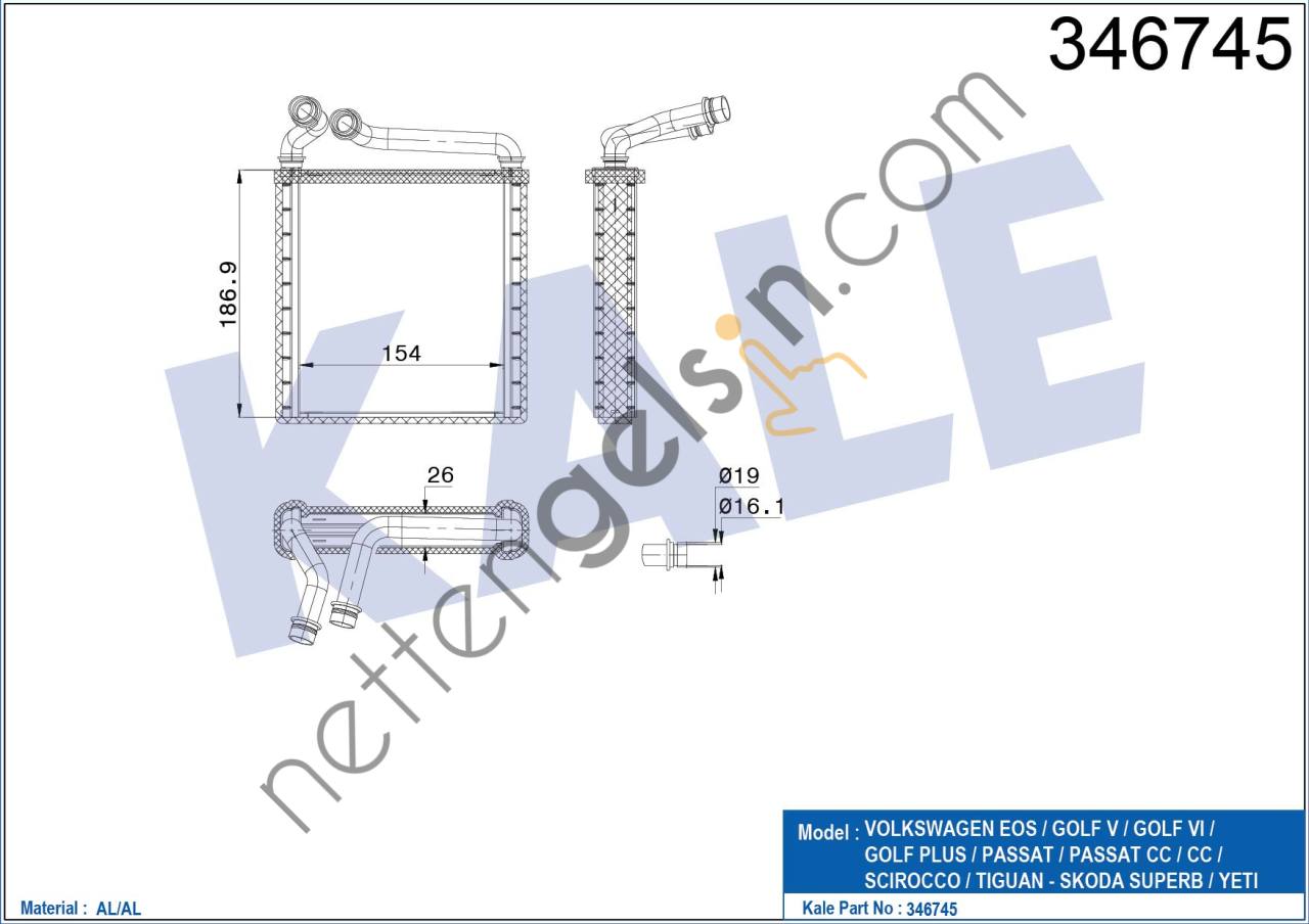 KALE 346745 KALORIFER RADYATORU BRAZING GOLF PASSAT CC SUPERB YETI TIGUAN SCIROCCO 155x198x26 OTO / MEK SANZIMAN  VW-AUDI-SEAT-SKODA BİNEK KALORİFER RADYATÖRÜ