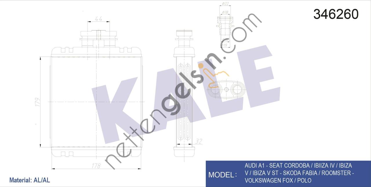 KALE 346260 KALORIFER RADYATORU CORDOBA IBIZA FABIA 1,2 1,4 1,6 06>09  VW-AUDI-SEAT-SKODA BİNEK KALORİFER RADYATÖRÜ