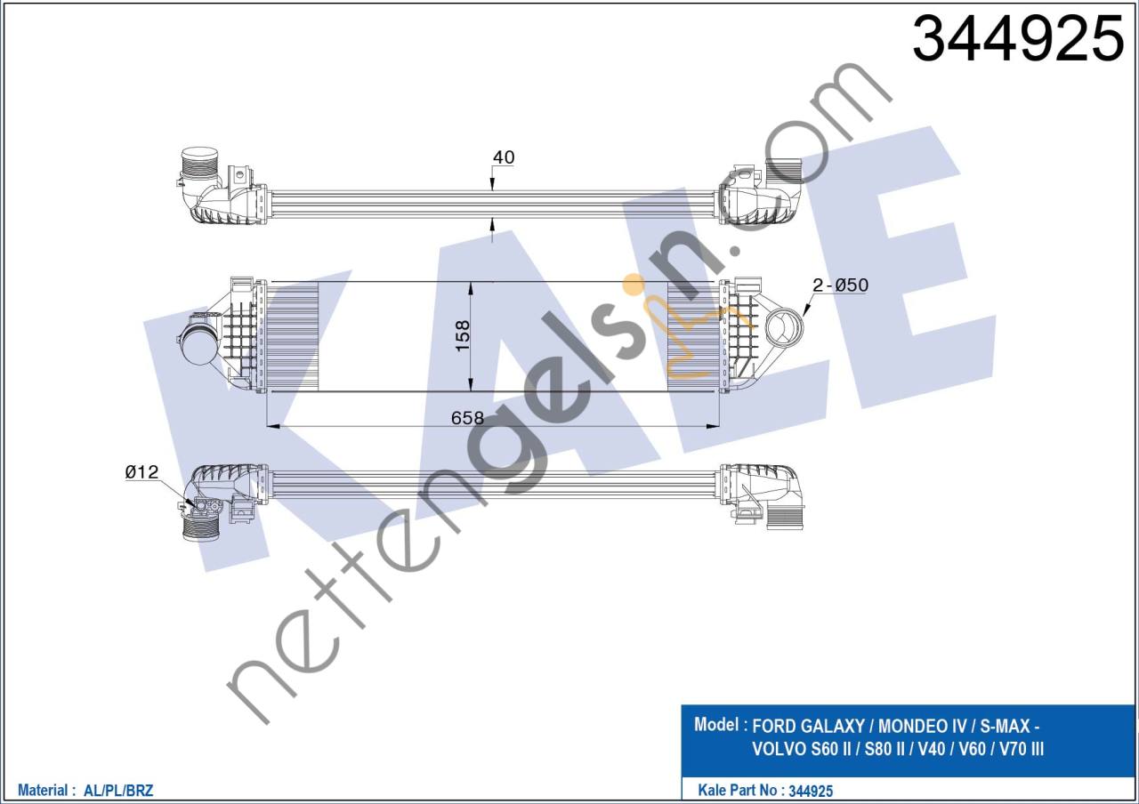 KALE 344925 TURBO INTERCOLL RADYATORU MONDEO IV 07>14 S MAX GALAXY 06 &sol;>1.6 ECOBOOST VOLVO V70 III (135) T4 10>15 V60 I (155, 157) T4F 11>15 S80 II (124) T4F 11>15 S60 II (134) T4F-T3-T4 11>15   FORD BİNEK TURBO RADYATÖRÜ