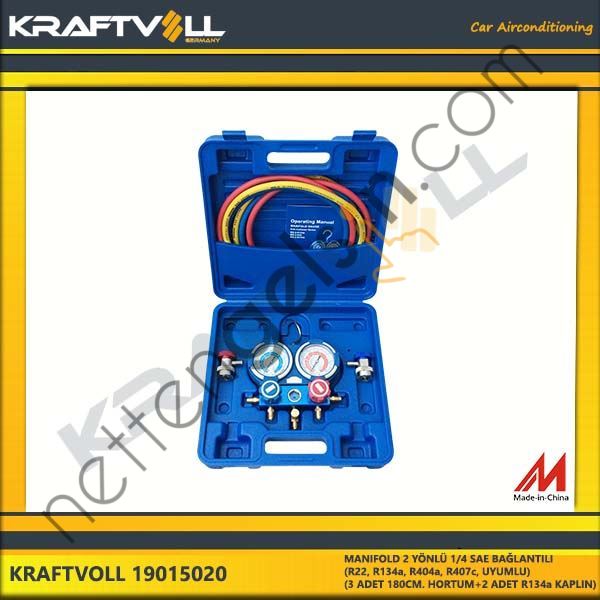 KRAFTVOLL 19015020 MANIFOLD 2 YÖNLÜ 1/4 SAE BAGLANTILI (R22, R134a, R404a, R407c, UYUMLU)+(3 ADET 180CM. HORTUM+2 ADET  GENEL BİNEK KLIMA SISTEM ÜRÜNLERI