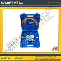 KRAFTVOLL 19015020 MANIFOLD 2 YÖNLÜ 1/4 SAE BAGLANTILI (R22, R134a, R404a, R407c, UYUMLU)+(3 ADET 180CM. HORTUM+2 ADET  GENEL BİNEK KLIMA SISTEM ÜRÜNLERI