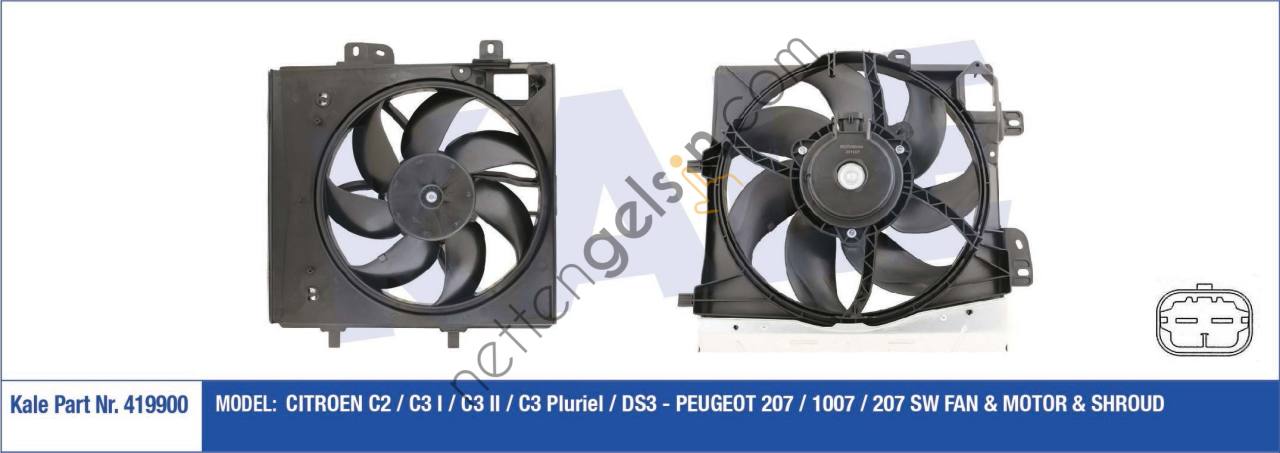 KALE 419900 FAN MOTORU (280W) P207 P208 P2008 P1007 C2 C3 II C3 PLURIEL C3 III DS3 C4 CACTUS P301 C ELYSEE 1,1 / 1,4 / 1,6 / 1,6HDI 03>  PEUGEOT-CITROEN BİNEK FAN MOTORU