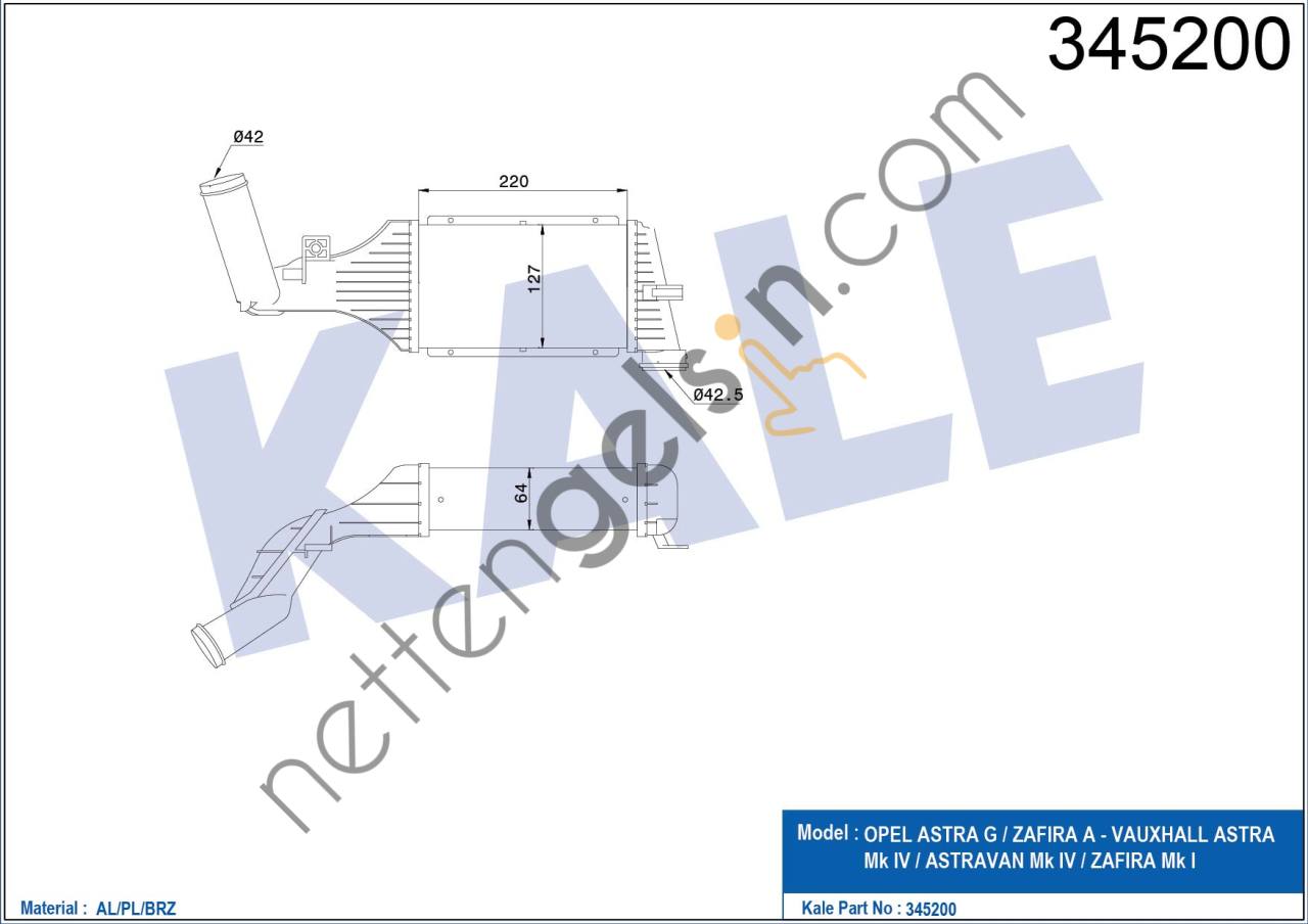 KALE 345200 TURBO RADYATORU (INTERCOOLER) ASTRA G ZAFIRA A (220×127×64)  OPEL BİNEK TURBO RADYATÖRÜ