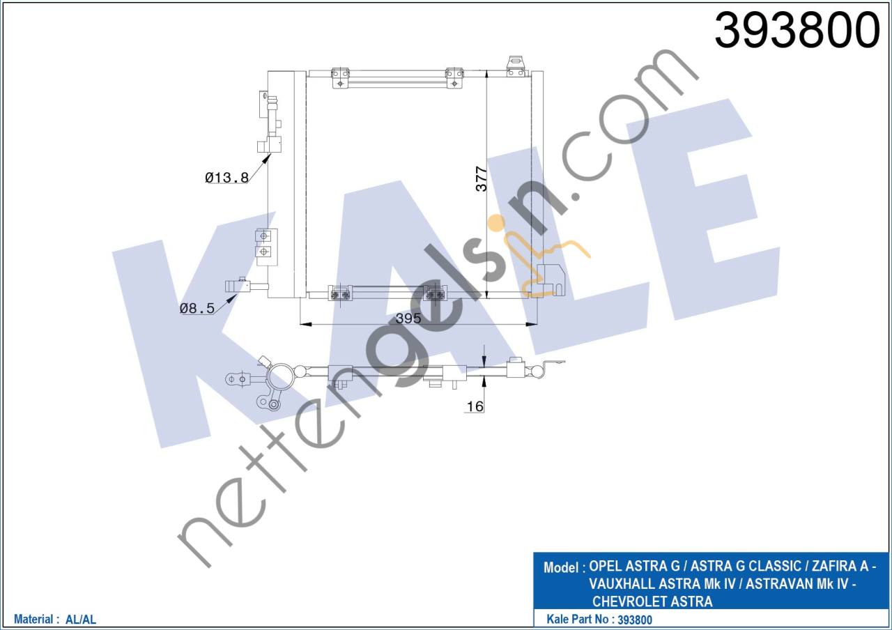 KALE 393800 KLIMA RADYATORU ASTRA G ZAFIRA A Y17DTH Y17DTL Y22DTR 425×400×18  OPEL BİNEK KLİMA RADYATÖRÜ