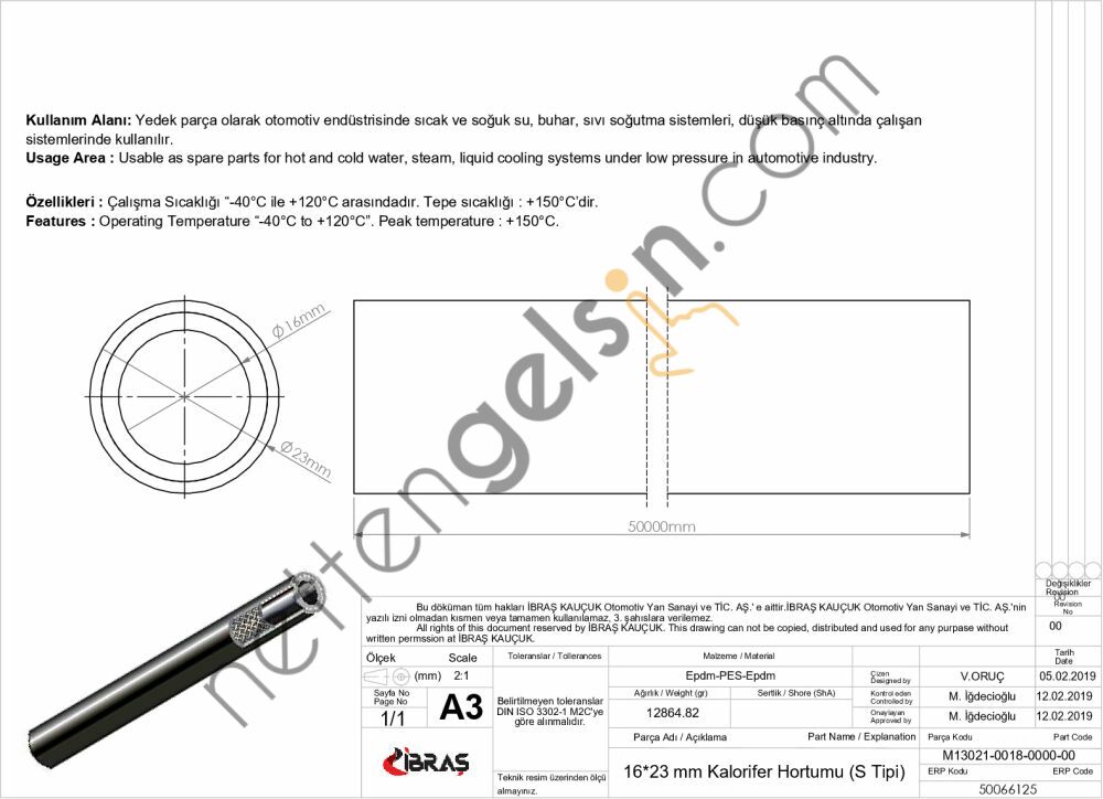 IBRAS 66125 16mm x 23mm UNIVERSAL KALORIFER HORTUMU S / TIPI  GENEL BİNEK RULO HORTUM