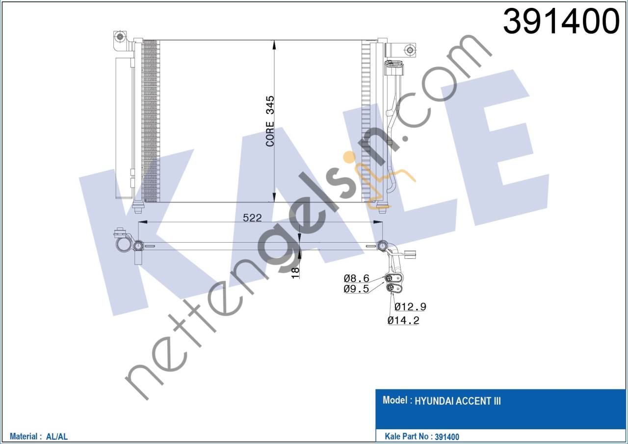 KALE 391400 KLIMA KONDANSER ACCENT-ACCENT III ( 580x350x18 )  HYUNDAI BİNEK KLİMA RADYATÖRÜ