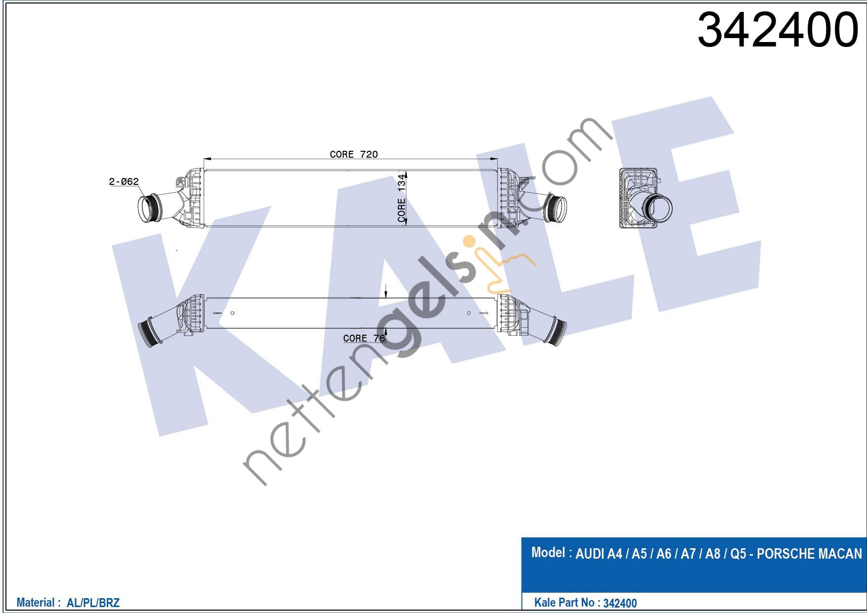 KALE 342400 TURBO RADYATORU (720×134×76) AUDI A4 A5 A6 A7 A8 Q5 2,7TDI / 3,0TDI 08>  VW-AUDI-SEAT-SKODA BİNEK TURBO RADYATÖRÜ