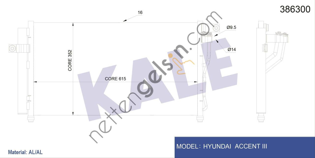 KALE 386300 KLIMA RADYATORU (KONDANSER) HYUNDAI ACCENT ERA BENZINLI 2006-> (634×348×16)  HYUNDAI BİNEK KLİMA RADYATÖRÜ