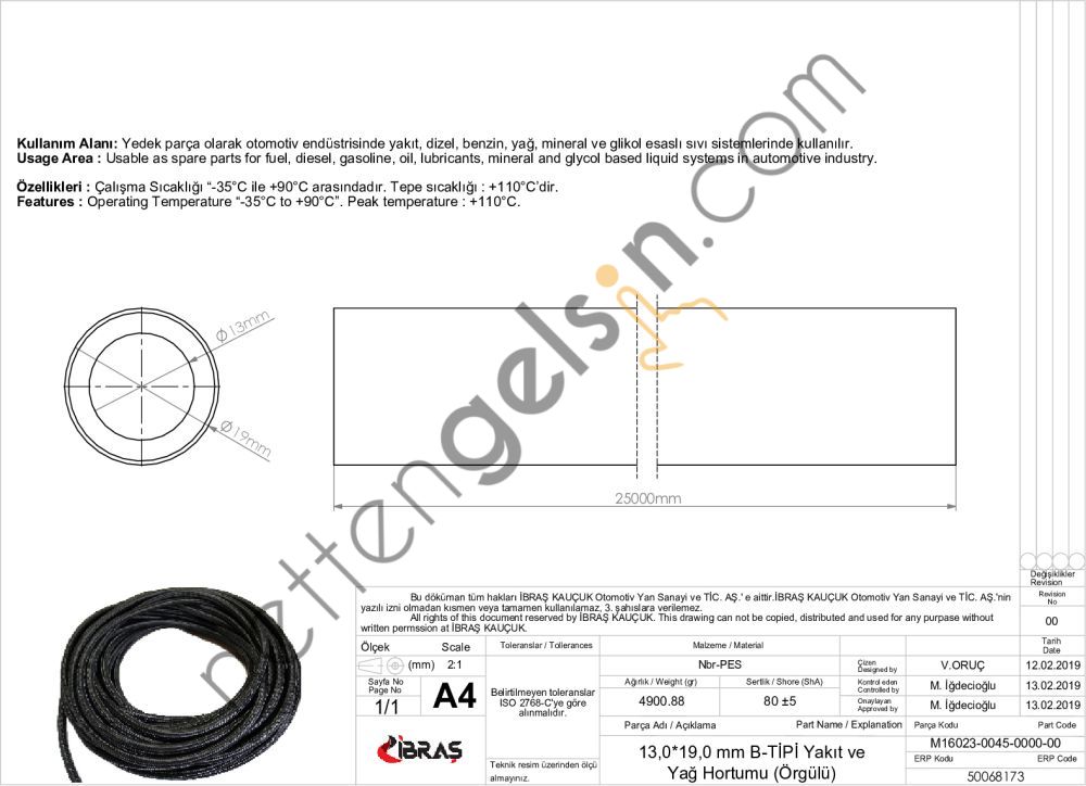 IBRAS 68173 13.0mm x 19.0mm UNIVERSAL YAKIT HORTUMU ( MAKARASIZ ) B TIPI  GENEL BİNEK RULO HORTUM