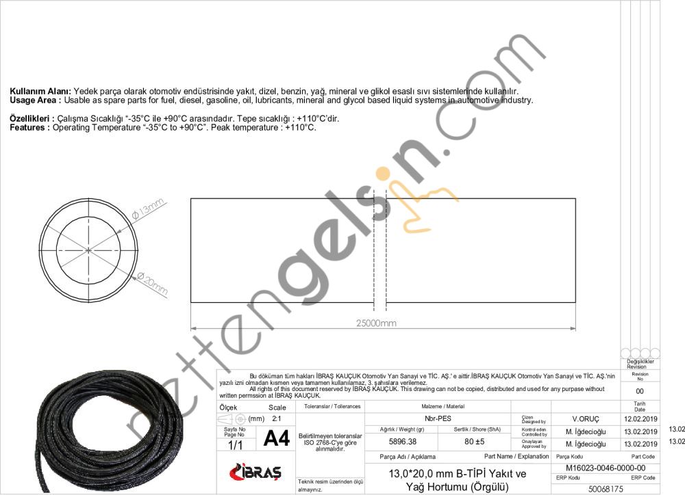 IBRAS 68175 13.0mm x 20.0mm UNIVERSAL YAKIT HORTUMU ( MAKARASIZ ) B TIPI  GENEL BİNEK RULO HORTUM