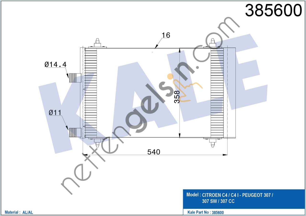 KALE 385600 KLIMA RADYATORU (KONDANSER) P307 C4 2.0HDI 8V &sol; 16V 01>OLCU: (540×358×16)  PEUGEOT-CITROEN BİNEK KLİMA RADYATÖRÜ