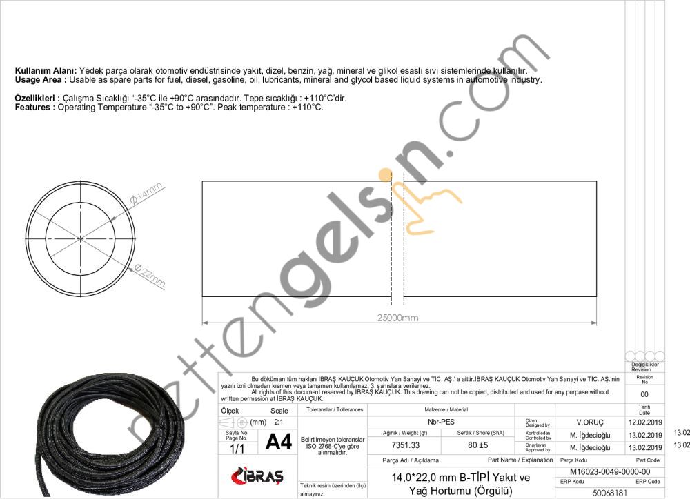IBRAS 68181 DISTAN ORGULU YAKIT HORTUMU 65609 14,0 MM X 22,0 MM NBR B TIPI MAKARASIZ (25M)  GENEL BİNEK RULO HORTUM