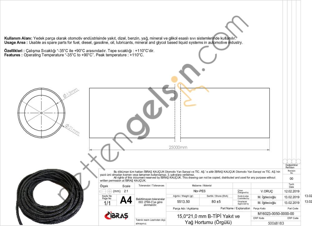 IBRAS 68183 DISTAN ORGULU YAKIT HORTUMU 65610 15,0 MM X 21,0 MM NBR B TIPI MAKARASIZ (25M)  GENEL BİNEK RULO HORTUM