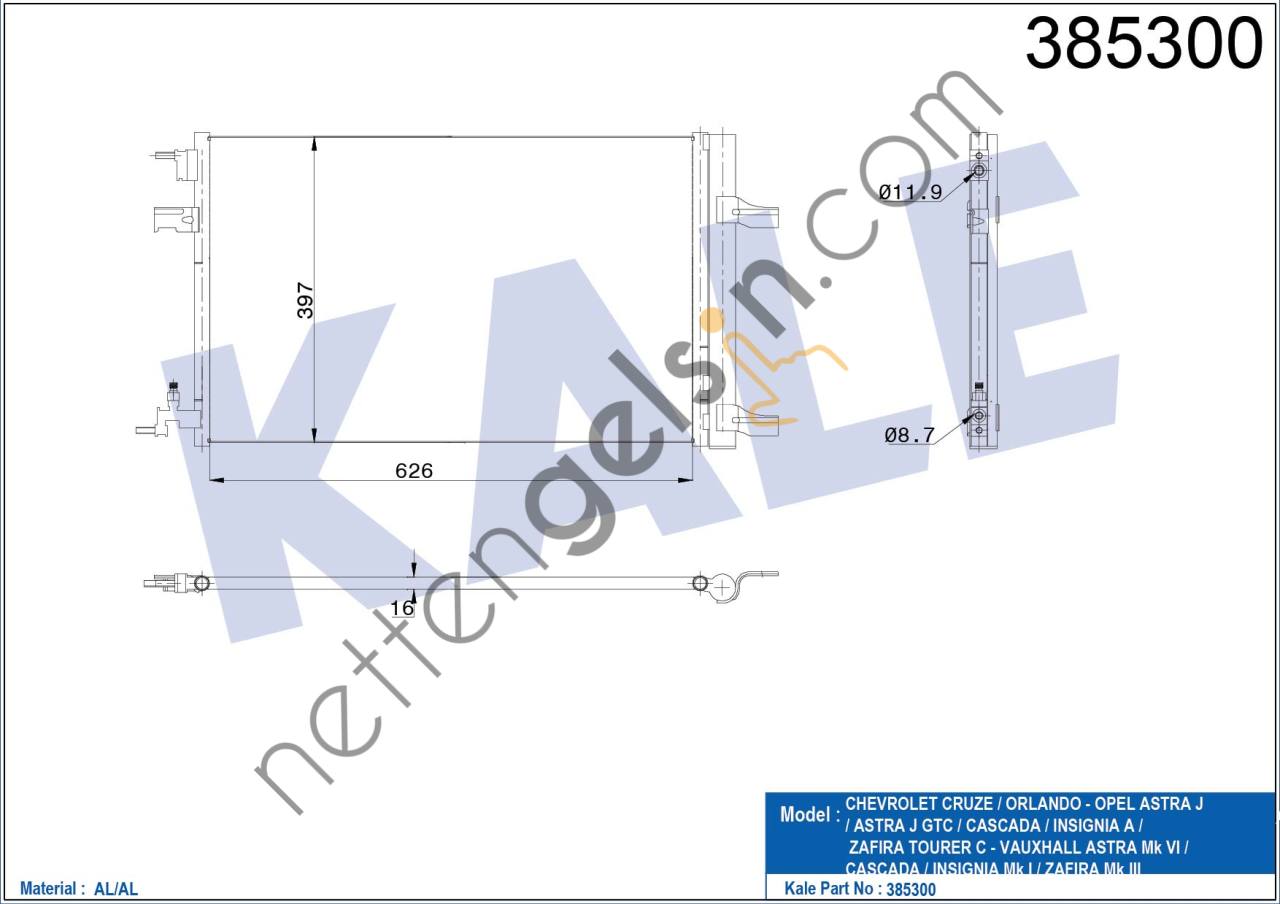 KALE 385300 KLIMA RADYATORU ASTRA J INSIGNIA ZAFIRA C CRUZE 1.4 / 1.6 / 1.7 / 2.0  OPEL BİNEK KLİMA RADYATÖRÜ