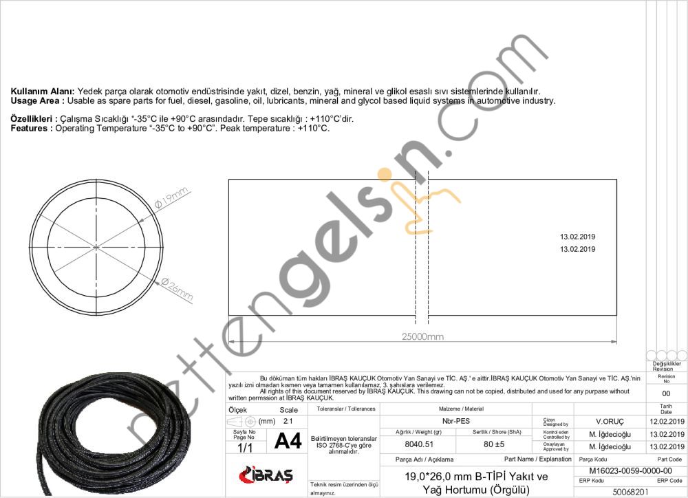 IBRAS 68201 19.0mm x 26.0mm UNIVERSAL YAKIT HORTUMU ( MAKARASIZ ) B TIPI  GENEL BİNEK RULO HORTUM